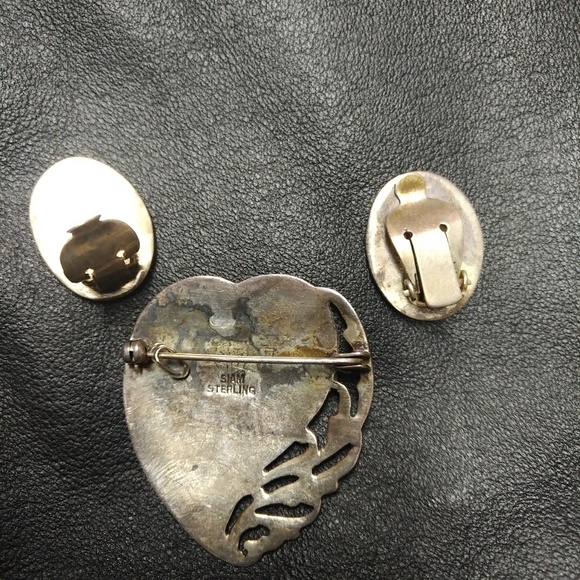 Vtg Siam Blue Enamel Sterling Silver Brooch set - Picture 4 of 4